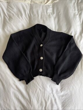 HYFVE Black Cropped Cardigan with Floral Jewel Buttons